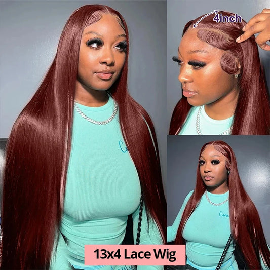 Reddish Brown Bone Straight 13x4 HD Transparent Lace Front Body Wave 100% Human Hair Wigs 180% Density Pre Plucked Copper Red