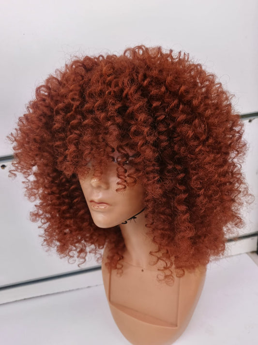 Semi Human Curly Fringe Wig – Auburn Copper Afro Curls | Soft Natural Look