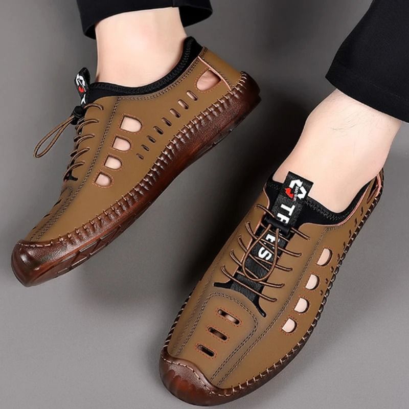 ASSKLO Men Leather Sandals PU Leather Loafers Hole Shoes Non-slip Cow Tendon Sole Casual Shoes Wading Shoes Beach Shoes Oxford outdoor lightweight sneakers Casual Sandals Hollow Out Shoes Flats brown