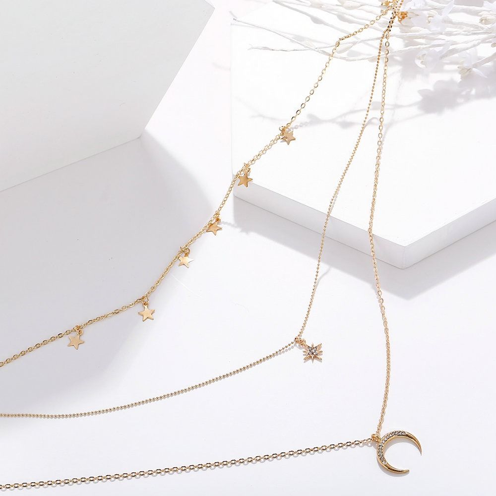 Pentagram Pendant Clavicle Necklace Creative Retro Simple Eight-pointed Star Crescent Three-layer Necklace