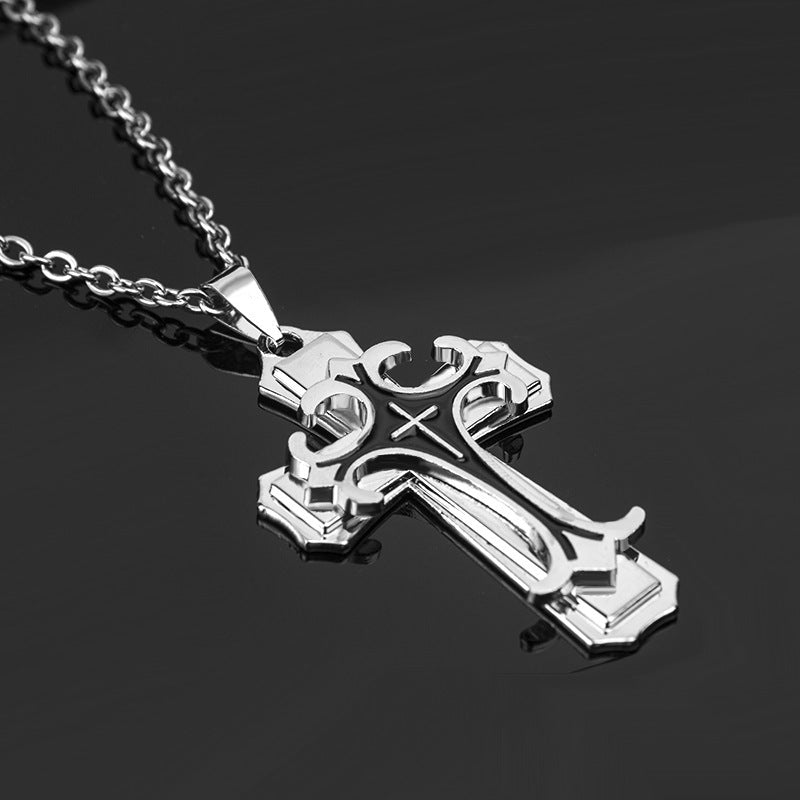 New two-layer oil drip personalized gold black cross men's titanium steel chain pendant necklace