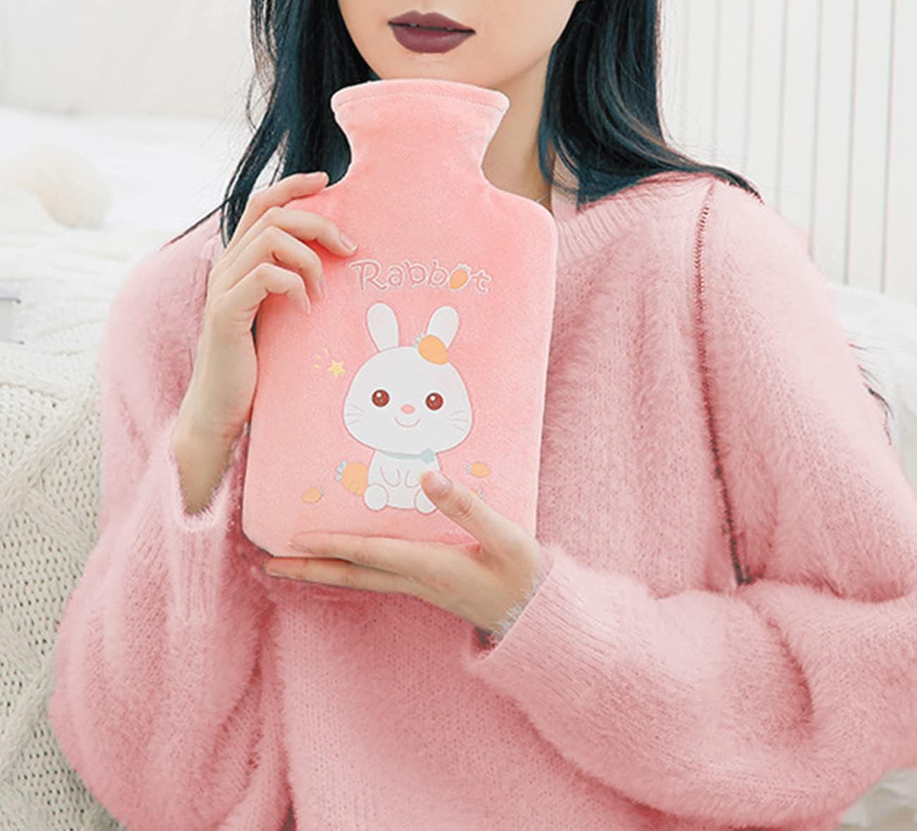 Cute Hot Water Bottles, 1L (34oz) Durable Large Hot Water Bag with Cartoon Plush Cover for Hot and Cold Compress Hand Feet Warmer Thickened Hand Warmer for Neck and Shoulder