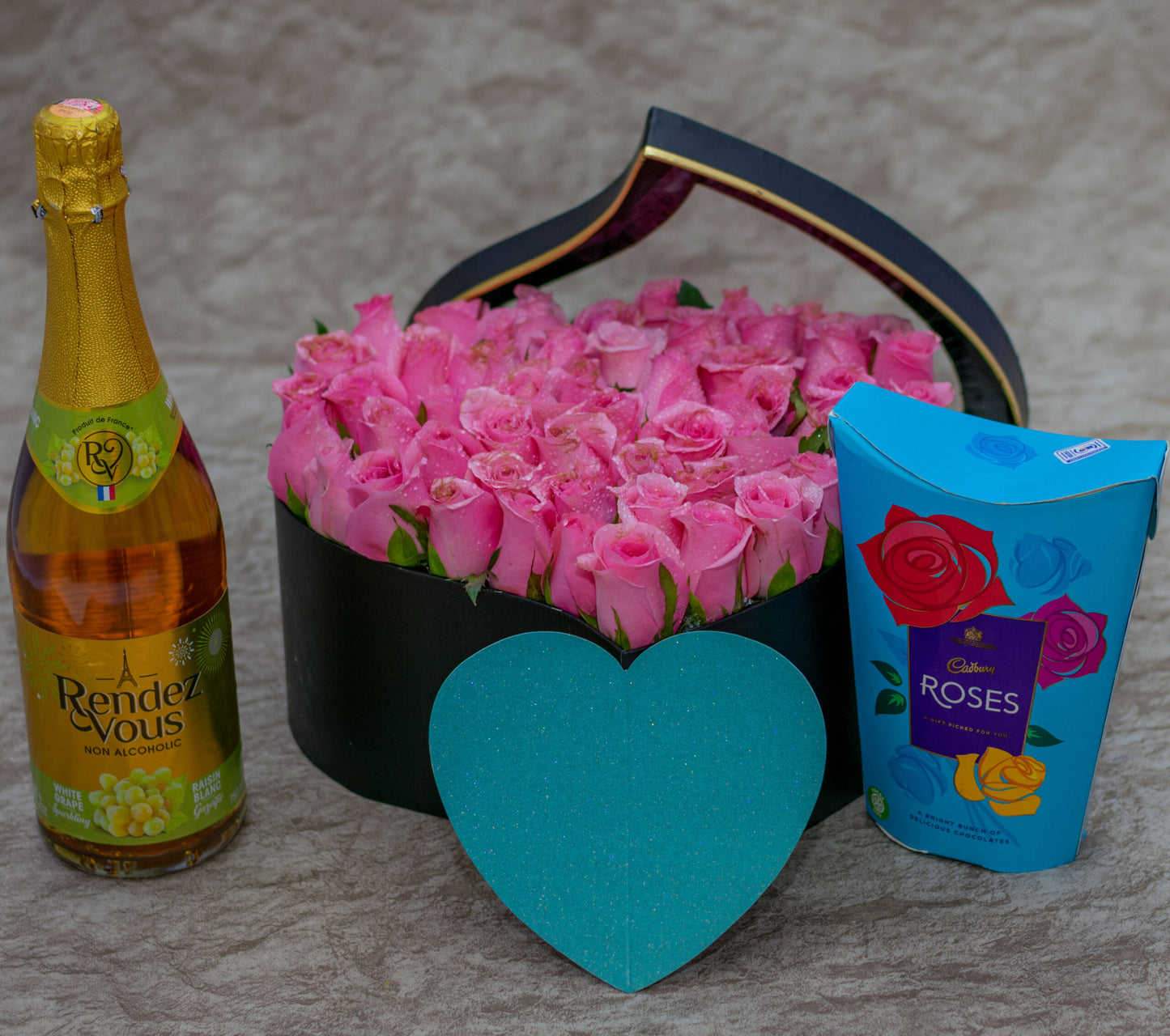 Aurora Flower Box Pink Roses, Chocolates and Wine