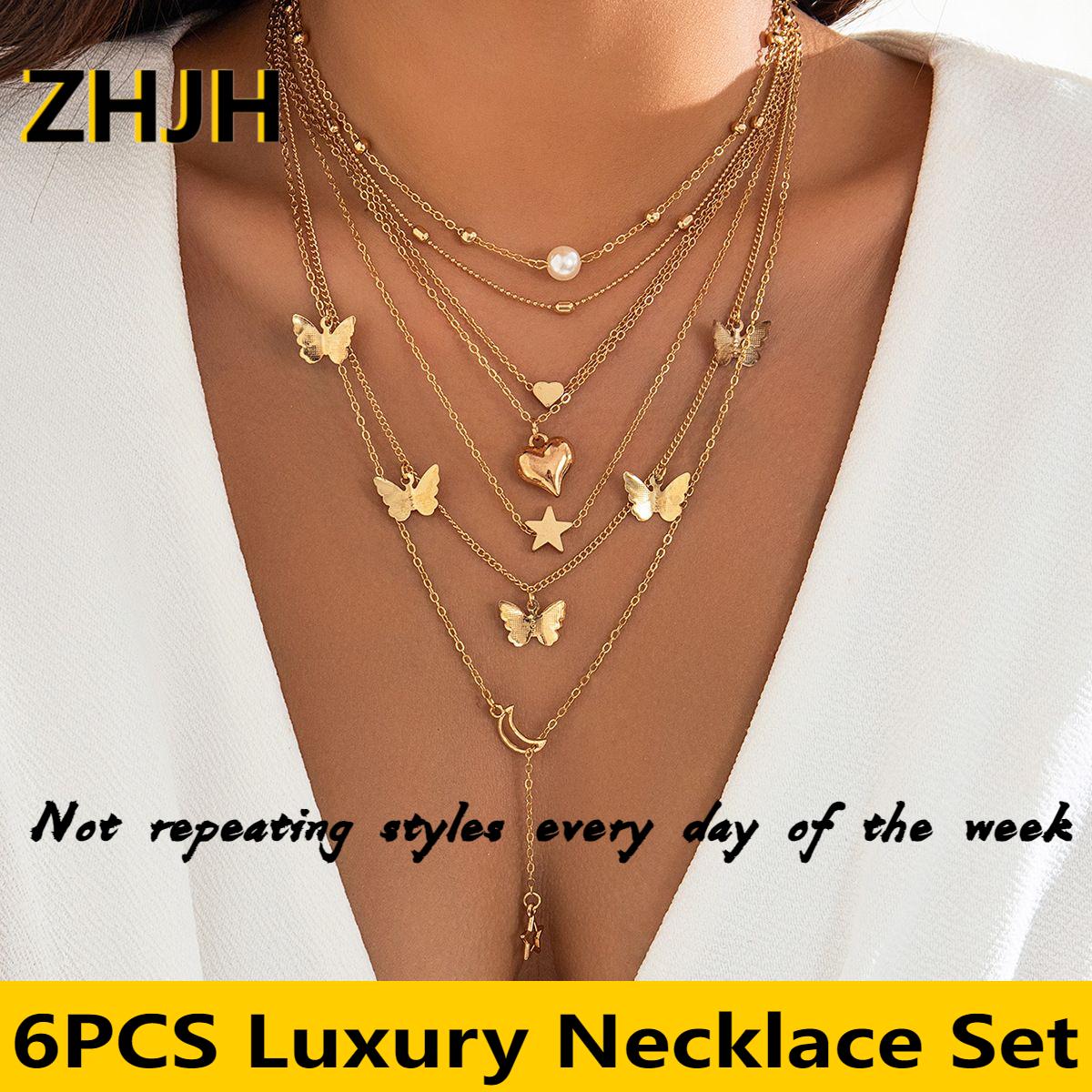 6PCS Ladies' Necklace Luxury Set Butterfly Tassel Layered Moon Pearl Pentagram Set Collarbone Chain Metal Chain Heart Necklace Versatile Personality 6 Mixed And Matched Light Luxury Deluxe Gifts
