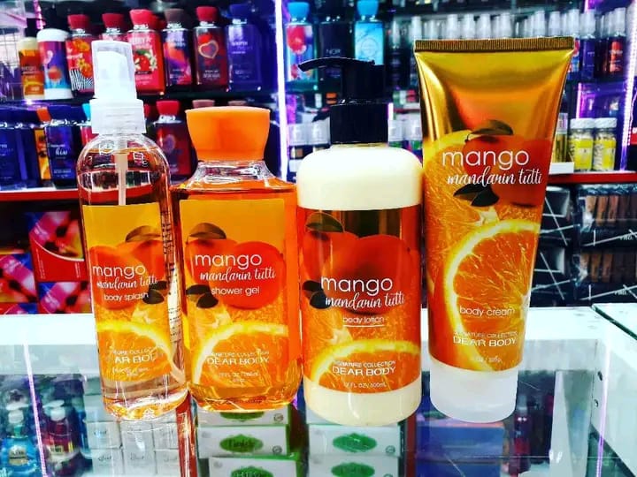 6 Pack Dear Body Luxuries Mango Mandarin Tutti Body Lotion, Splash, Cream, Shower Gel, Butter and Scrub With Aloe Vera Grape Seed Extract Signature Collection Body Luxuries