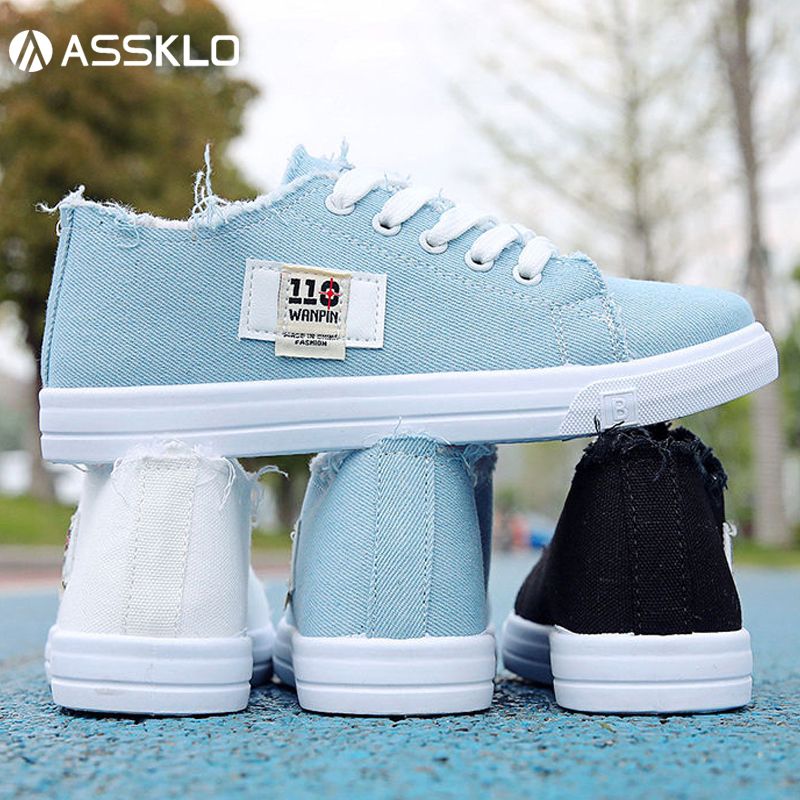 ASSKLO rubber flat shoes canvas shoes sports shoes classic women's shoes ladies shoes slip resistant breathable denim casual shoes running shoes student girl sneakers fashion gifts black blue white