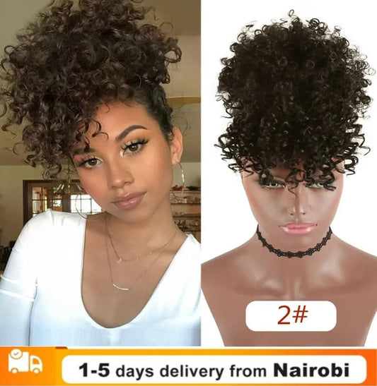 High Puff Afro Kinky Curly Synthetic Ponytail with Bangs Ponytail Hair Extension Drawstring Wigs