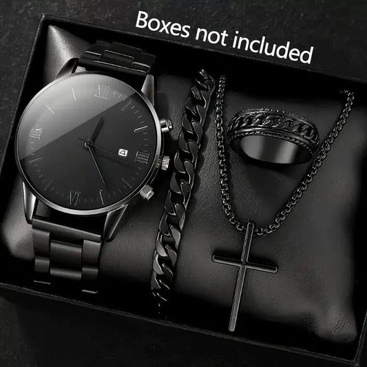 4PCS Men's Watch Set Black Men's Calendar Watch Titanium Steel Rings Bracelet Necklace Black Cross Necklace Set Not Easy to Fade Daily Wear Business Leisure