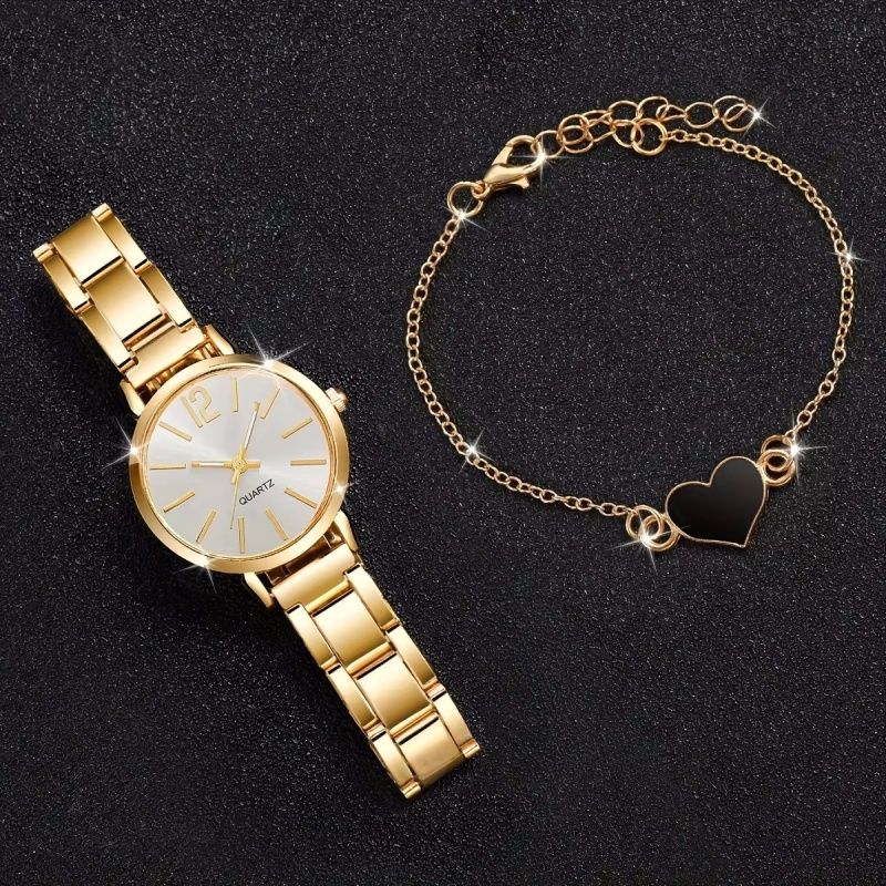 2PCS Elegant Golden Watches Bracelet Set Luxury Fashion Ladies Watch Quartz Wristwatches Heart Charm Bracelet Set Gifts