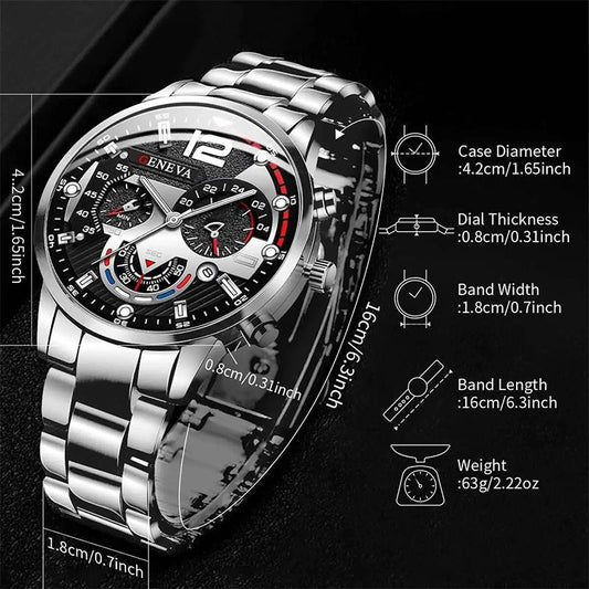 3PCS/Set Fashion Men Business Watches Casual Arabic Dial Analog Quartz Watch Bracelet necklace Jewelry Set
