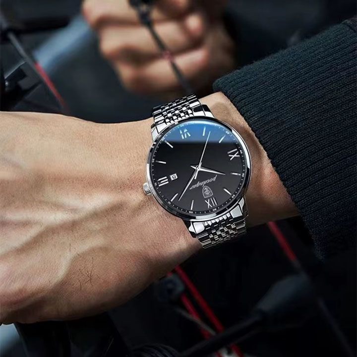 POEDAGAR Men watches Waterproof Luminous Date Week Men's Quartz Dual Calendar Wristwatch Stainless Steel Fashion Sports Men Watches High Quality Quartz Clock Business Men's Watches