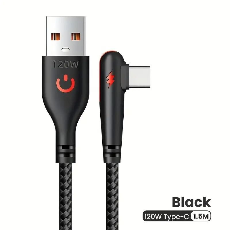 1/1.5M 90-degree angled Type-C 120W 6A super-fast charging data cable suitable for Android phone charging gaming and car b charging