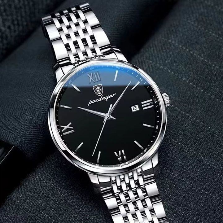 POEDAGAR Men watches Waterproof Luminous Date Week Men's Quartz Dual Calendar Wristwatch Stainless Steel Fashion Sports Men Watches High Quality Quartz Clock Business Men's Watches