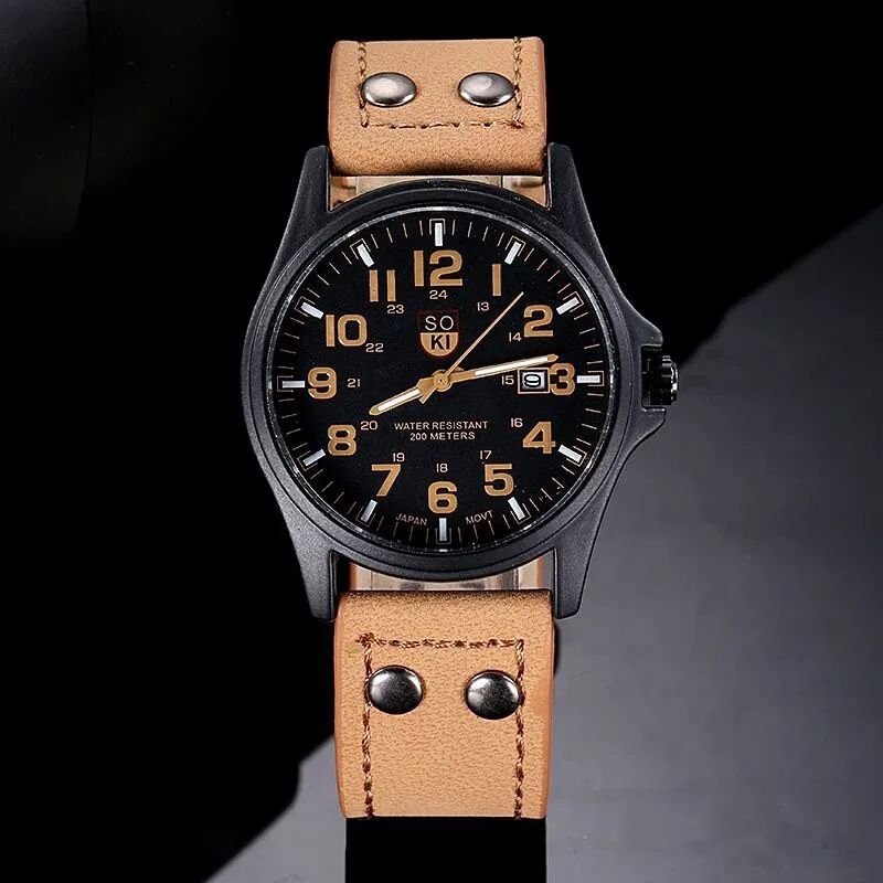 Hot Sales Men Sports Watch Casual Wristwatch Date Calendar Quartz Leather Strap Watches Fashion Clock Out-door Business Quartz Analog Male Watch Wrist Watch Valentines Gift