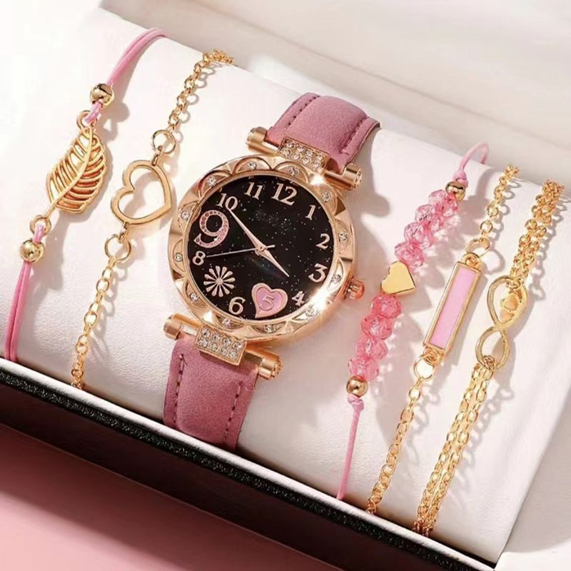 6PCS/Set Women Watches Fashion Heart Dial Leather Band Quartz Watch Leaf Bracelets Set