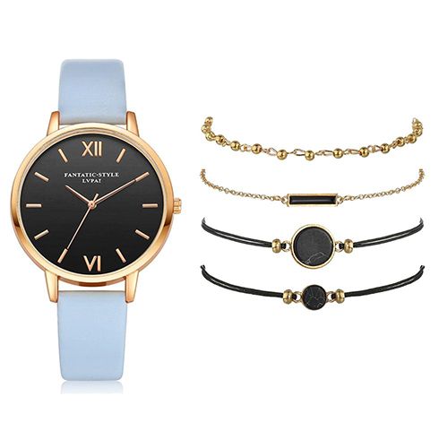 5pcs Quartz Watch Set Ladies Elegant Gemstone Bracelet Quartz Wristwatch Women Leather Quartz Watches Bracelet Set Clock Gift