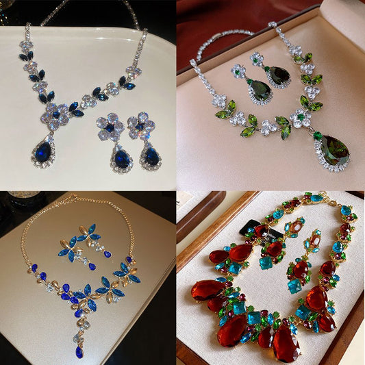 Diamond studded water droplet necklace earring set pendant, luxurious and high-end collarbone chain accessory