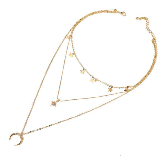 Pentagram Pendant Clavicle Necklace Creative Retro Simple Eight-pointed Star Crescent Three-layer Necklace