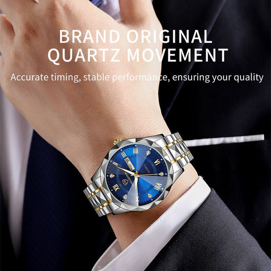 Men Watch Water Diamond Luxury Night Glow Double Calendar Quartz Movement 41mm Blue Gold Stainless Steel Fashion Business Watch