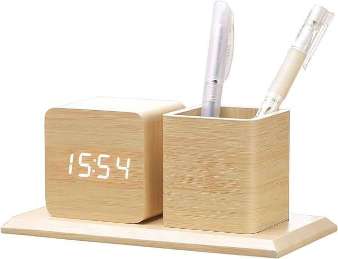 Digital wooden alarm clock with pen holder