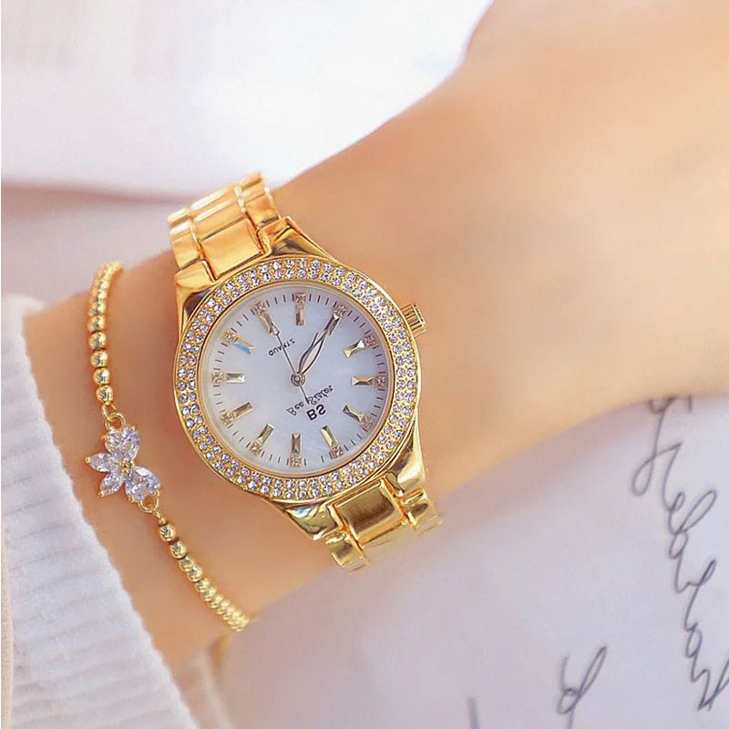 Women's Elegant Casual Goldn Watch Crystal Diamond Inlaid Watch Stainless Steel Silver Quartz Watch Bracelet Set Gift for Wife