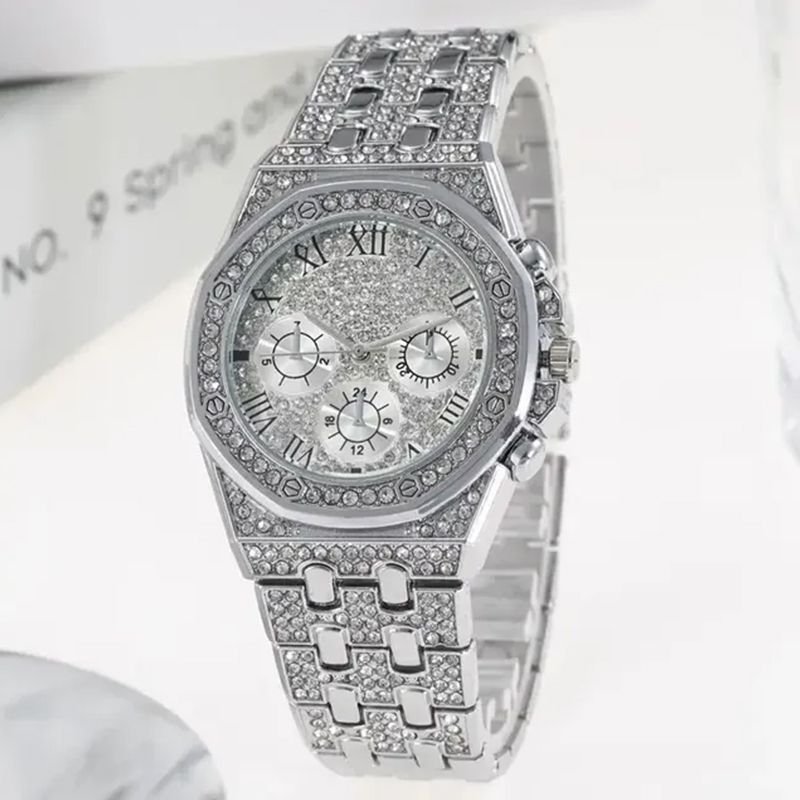 2Pcs Fashion Trend Luxury Luxury Hip Hop Three Eyes Rome Full Of Diamonds British Watch Atmospheric Diamond Bracelet Gift Set