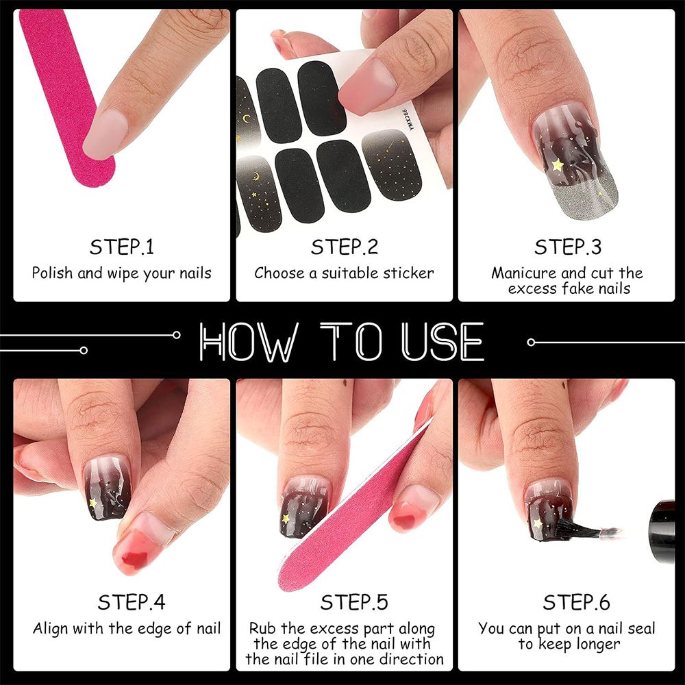 196 Pcs 14 Sheets Waterproof Full Wrap Nail Stickers Nail Polish Strips Gradient Stickers Glitter Self Adhesive DIY Art Decals Strips with 4 Pcs Nail Files for Nail Decor