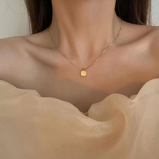 Upgraded Version New Square White Block Women's Necklace Simple Temperament White Fashion Pendant Pretty Simple Girl's Collarbone Chain