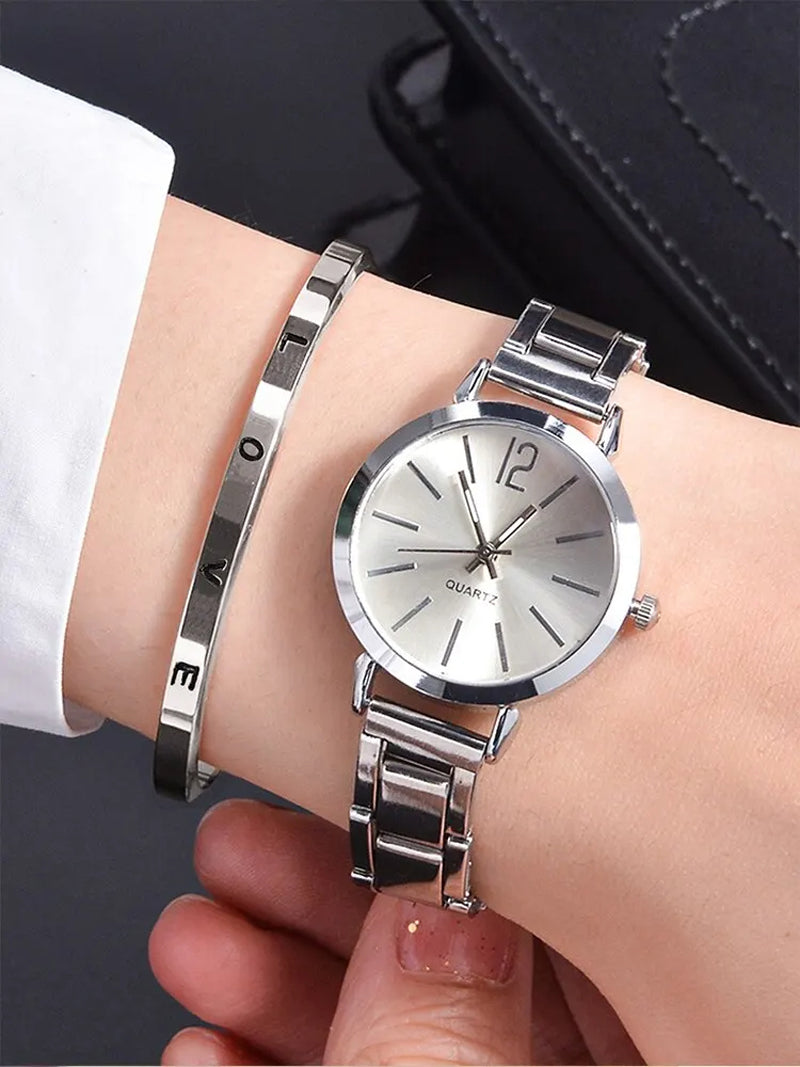 New Arrivals 2pcs Women's Quartz Watch+LOVE Bracelet Set Fashion Lady Wrist Watches Simple Digital Stainless Steel Band Watches Gift For Valentine's Day