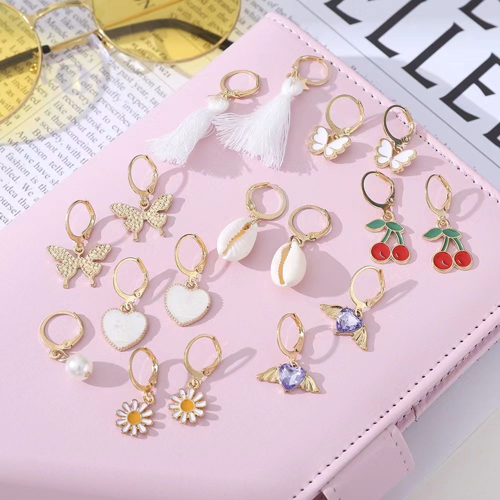 9 pairs of fashion jewelry new alloy inlaid rhinestone earrings set creative butterfly peach cherry pearl earrings Valentine's Day girlfriend gift for women