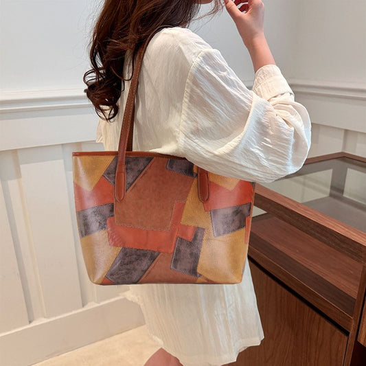 Ladies Large-capacity Handbag Women Geometric Color-blocked Bag PU Synthetic Leather Bag