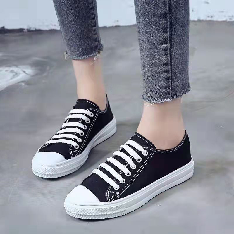 ASSKLO Flats shoes flat heel low top solid color black women's canvas small white shoes versatile version Black shoes