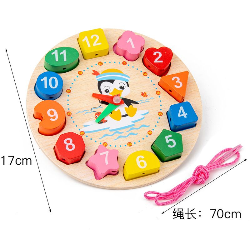 Montessori Children Clock Puzzle Cartoon Animals Tangram Cognitive Numbers Clock Early Learning Threading Assembly Toys