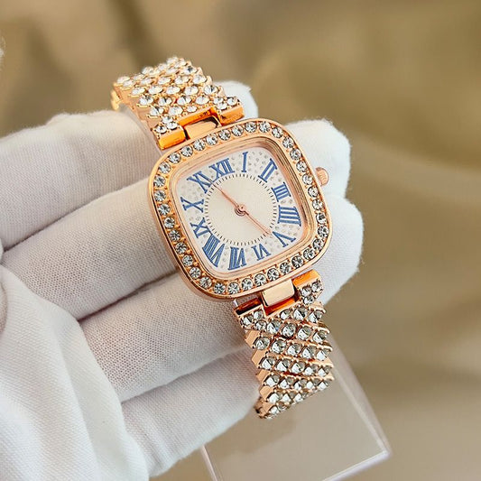 Ladies' quartz watch with starry sky and diamond inlay, ladies' small square watch with fashionable temperament, full diamond square bracelet, quartz women's watch
