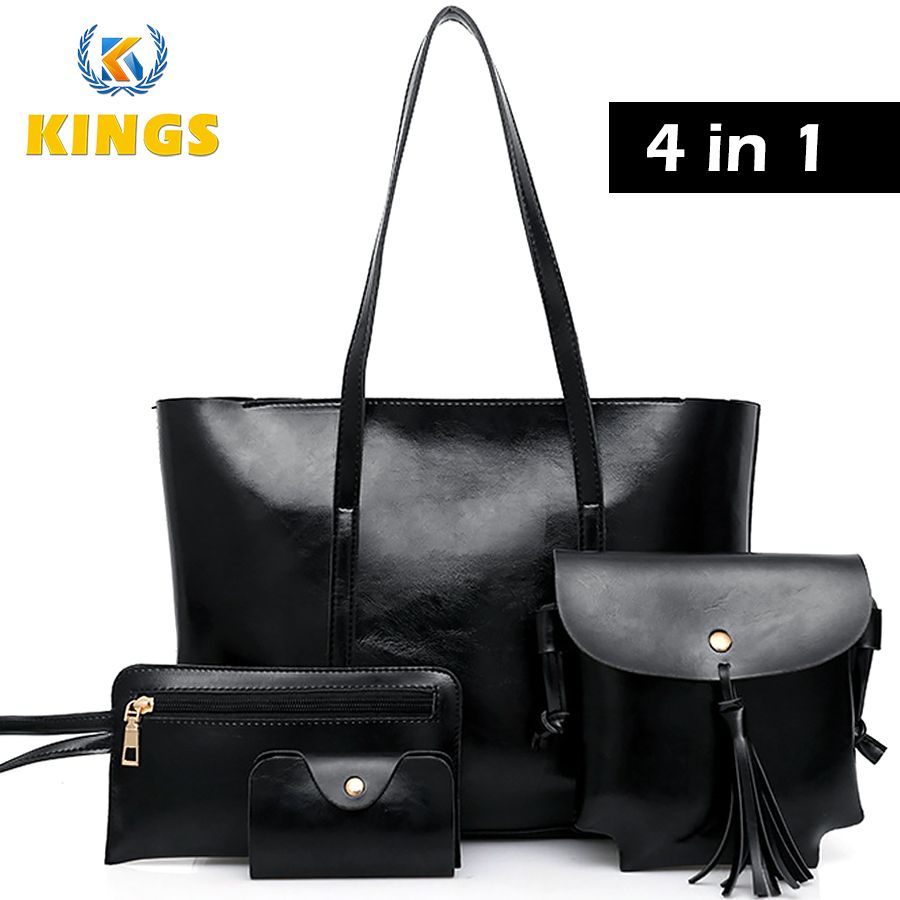 4 In 1 Ladies Shoulder Bag Cross-body bag Purse Bag Set Women Handbag Zipper Tote Bag Large Capacity Waterproof PU Leather Bag Kings Fashion