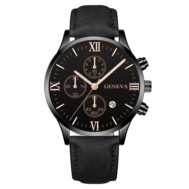 3PCS Fashion Classic Mens Black Watches Set Men Business Quartz Watch Male Calendar Wristwatch Leather Bracelet