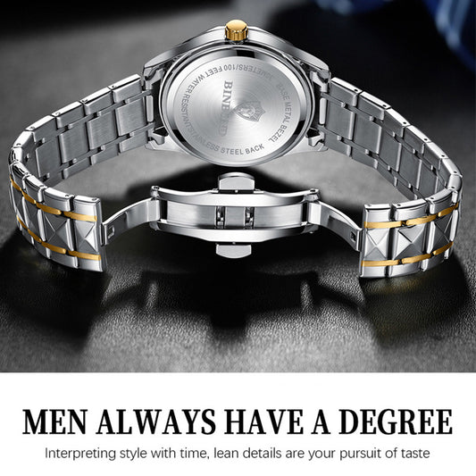BINBOND Fashion Men's Watch Stainless Steel Top Brand Luxury Waterproof Men Double Calendar Quartz Watch