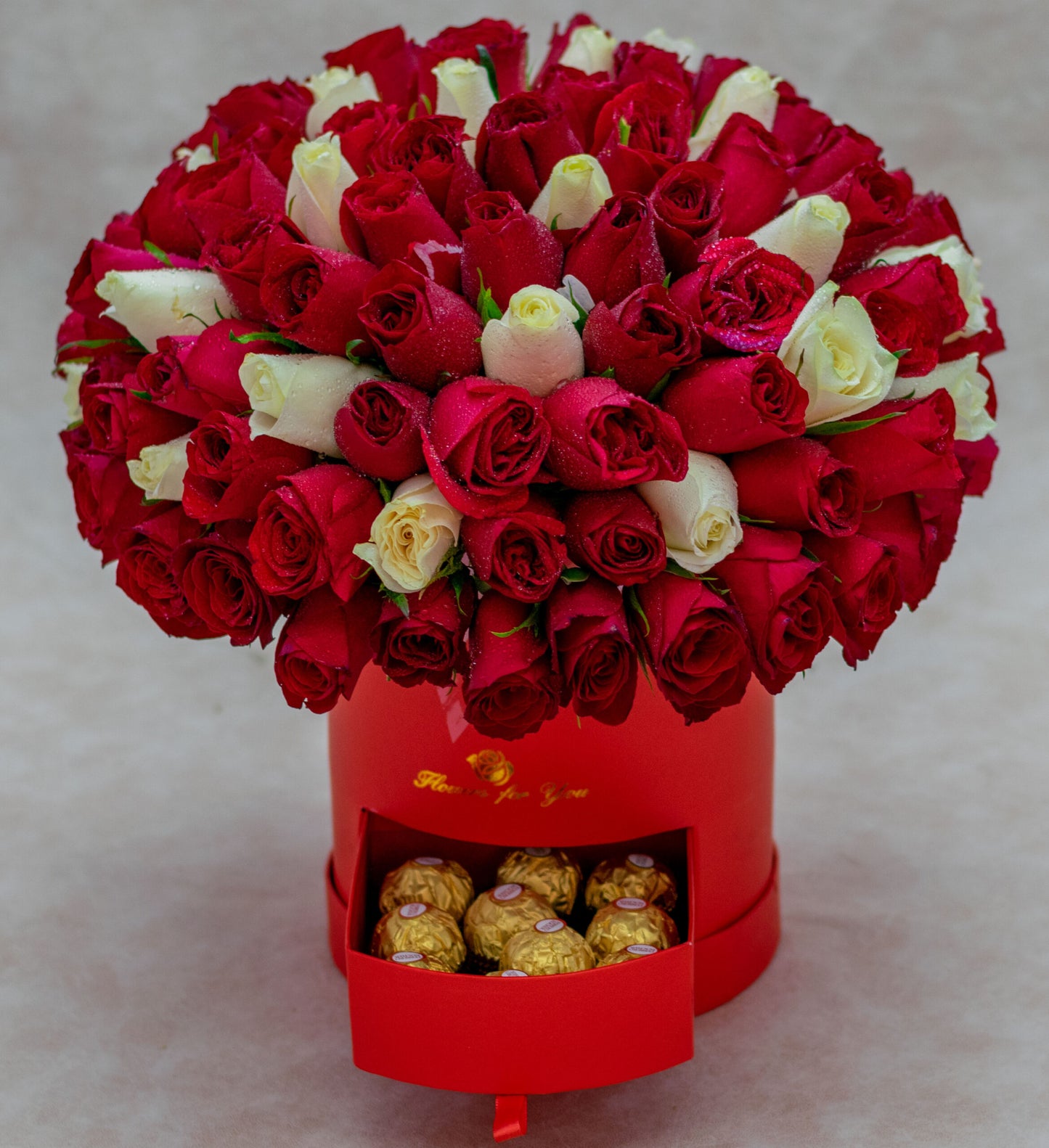 Hightower Flower Box with Mixed Red and White Roses and Ferrero Rocher Chocolates
