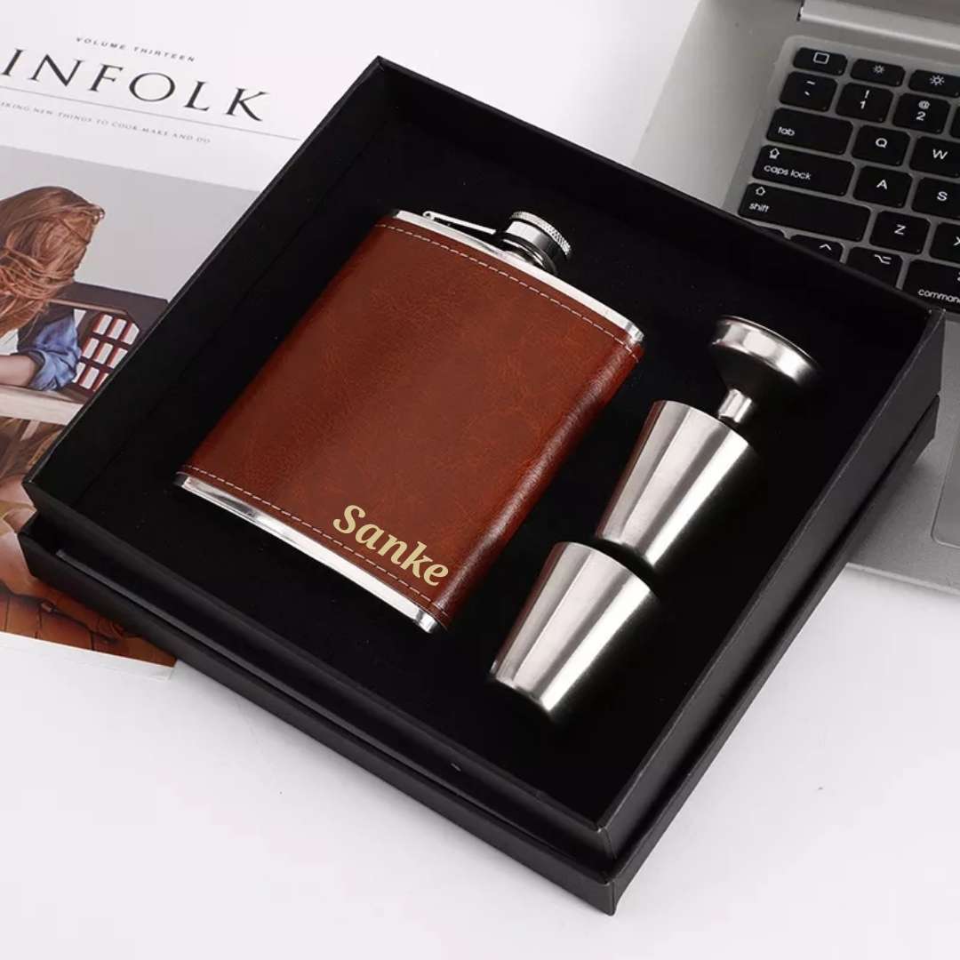 Hip Flasks for Liquor for Men, Brown Leather Cover