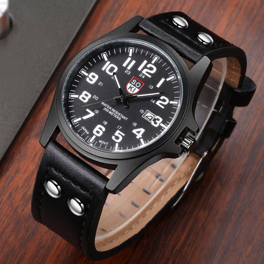 Hot Sales Men Sports Watch Casual Wristwatch Date Calendar Quartz Leather Strap Watches Fashion Clock Out-door Business Quartz Analog Male Watch Wrist Watch Valentines Gift