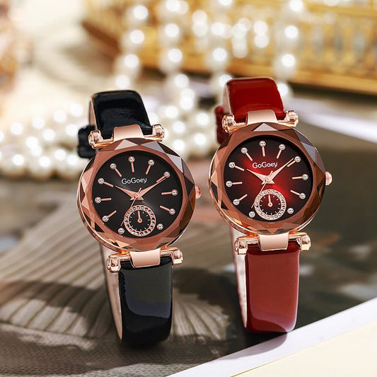 New Style Fashion Ladies Watch Female Rhinestone Seven Beads Simple Leather Belt Niche Student Party High-End Quartz Watch