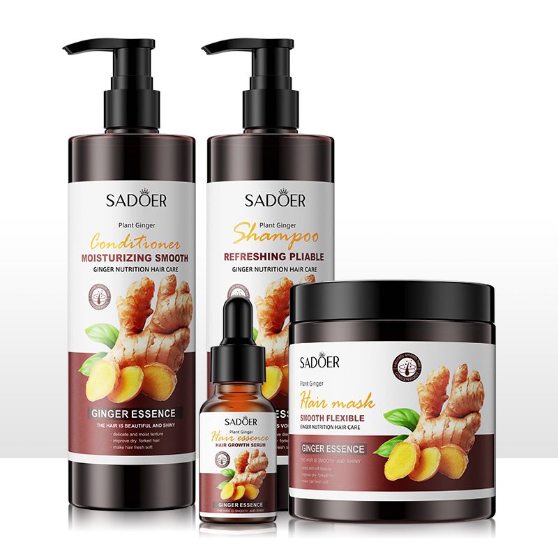 4PCS SADOER Ginger Hair Care 4PCS Set: Shampoo, Conditioner, Hair Mask & Treatment Liquid - Reduces Dryness, Bifurcation & Coarseness, Leaving Hair Elastic & Shiny