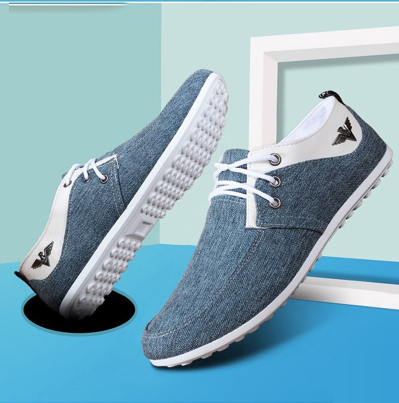 ASSKLO Men Canvas Shoes Men's Bean Shoes Man Sneakers Sports running Shoes Casual Flat Loafers rubber flats shoe Heels Low Top Canvas Lightweight Comfortable Walking Working Driving Cloth Shoes Blue