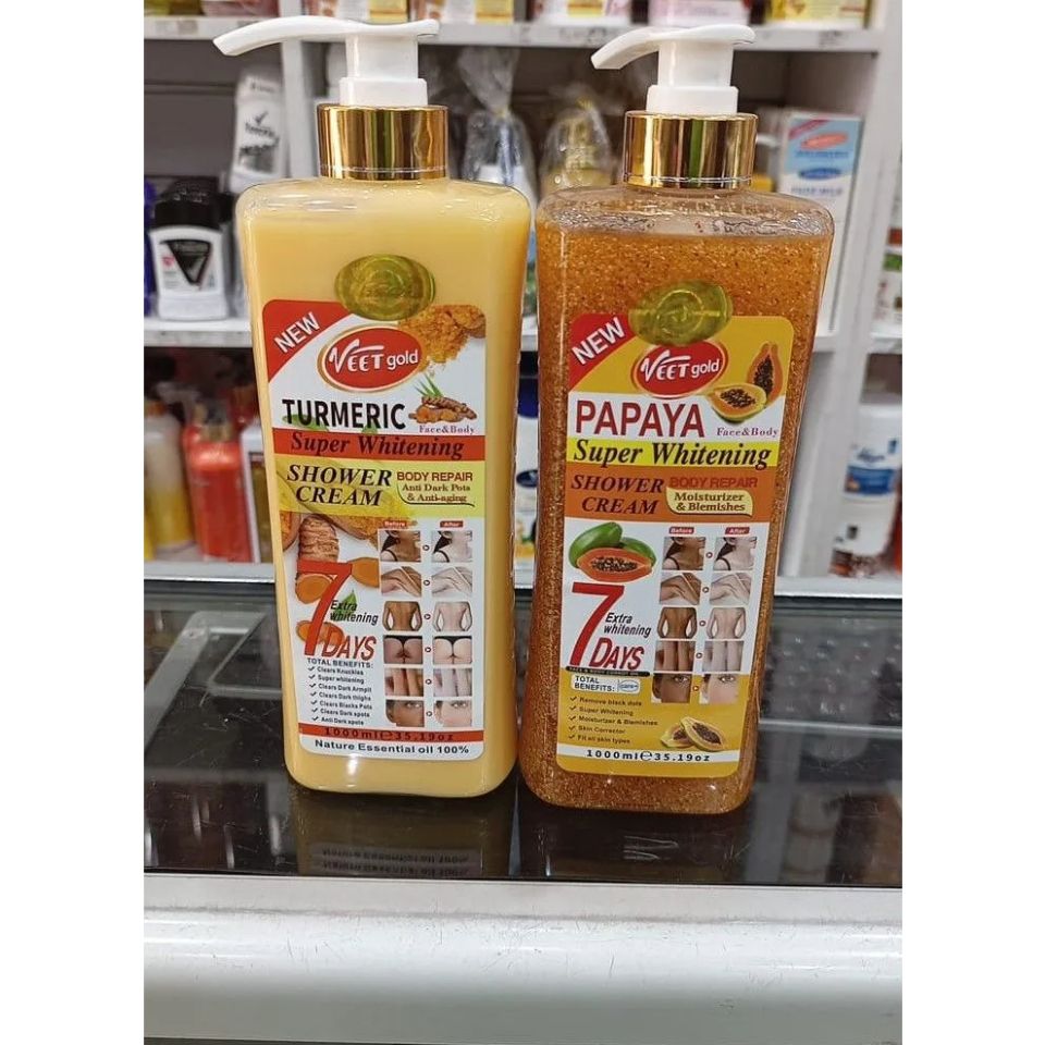 Veet Gold super whitening shower cream Turmeric or Papaya. helps in cleansing the skin ,brightens,clear dark spots, even out skin tone making the skin to glow