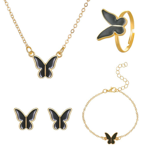 UPHUI 5-piece Women's Jewelry Set Earrings Necklaces Bracelets Rings Fashion Butterfly Jewelry Set Women's Butterfly Jewelry Couple Gifts
