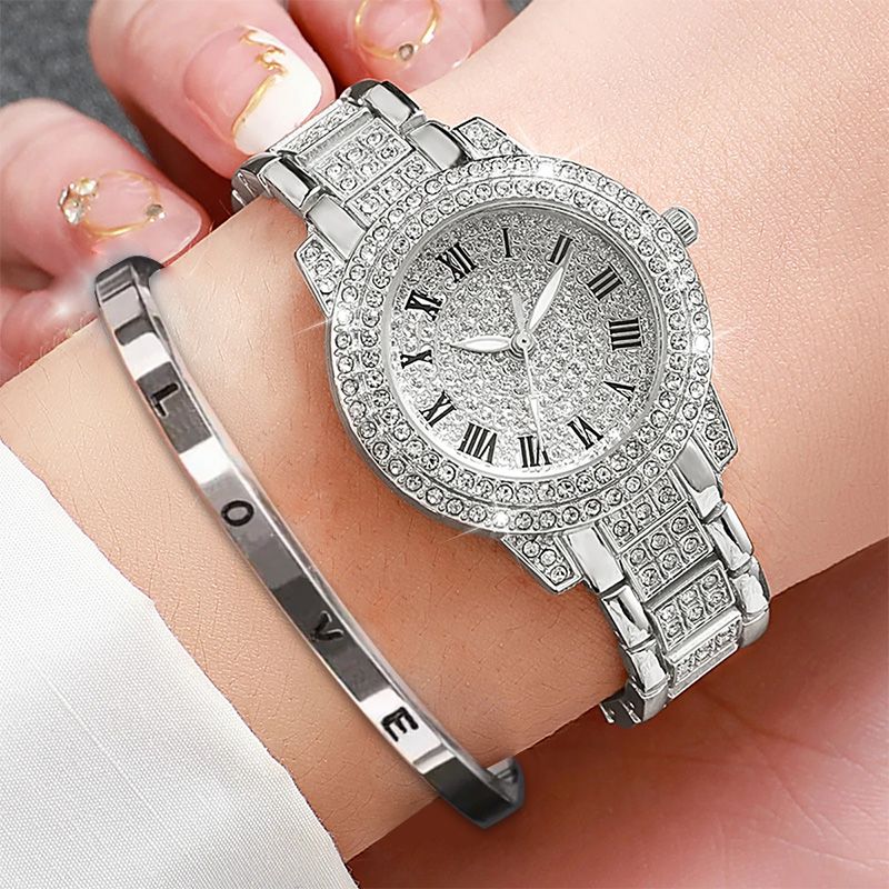 2PCS Women's Elagant Watch Fashion Full Diamond Roman Dial Steel Band Quartz Watch Ladies Love Bracelet Set Temperament Wearing Style
