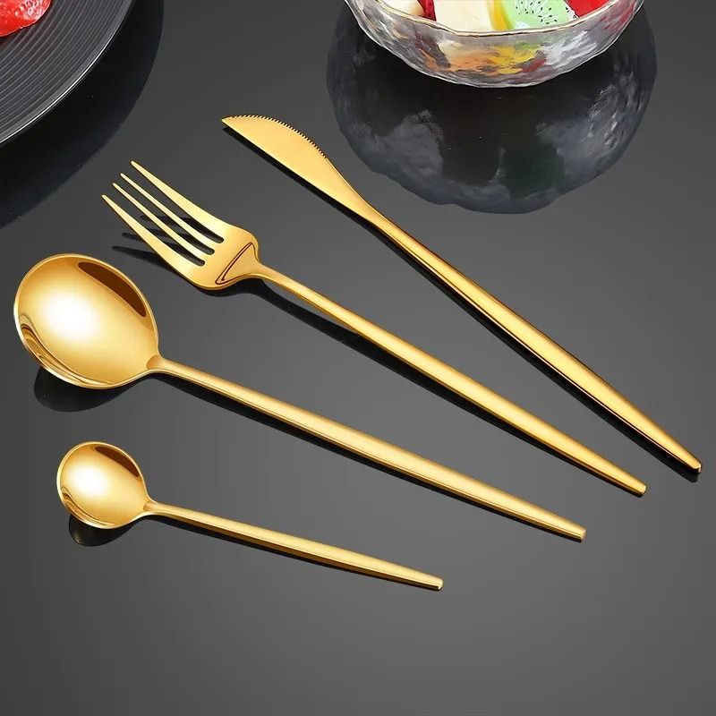 24pcs Gold Dinnerware Set Stainless Steel Steak Knife Fork Coffee Spoon Teaspoon Flatware Sets Dishwasher Safe Kitchen Tablewar