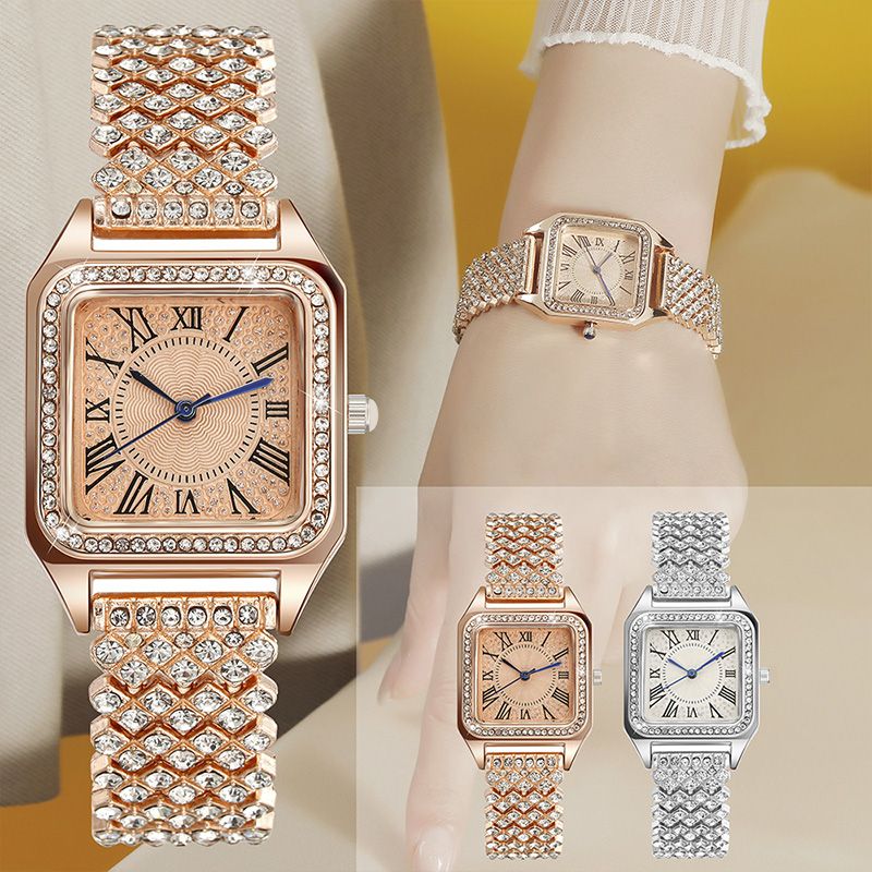 Fashion Full Iced Out Watches for Women Square Exquisite Alloy Steel Roman Luxury Rhinestones Quartz Watch Hip Hop Party Gift