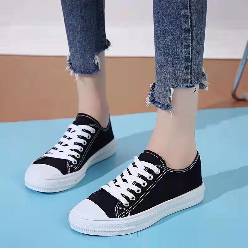 ASSKLO Flats shoes flat heel low top solid color black women's canvas small white shoes versatile version Black shoes