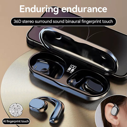 Wireless Bluetooth Earphone Bone Conduction Headphones Sports Earbud Ear-hook Waterproof Noise Reduction Earpods Display Touch Control Game Earpiece with Charging Case